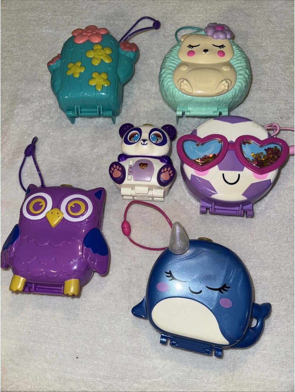Lot of 6 Polly Pocket Cases Only Cactus Hedgehog Owl Soccer Ball Panda Narwhal